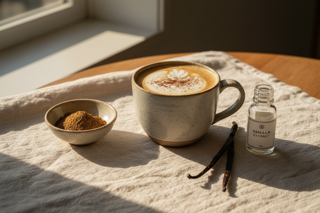 Hot vanilla hojicha latte in a ceramic mug with hojicha powder and vanilla on a soft ivory surface.