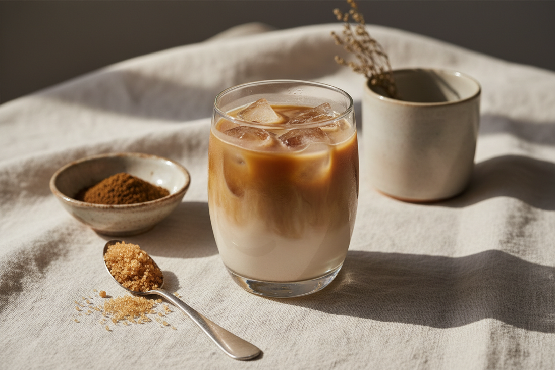 Iced brown sugar hojicha latte in a clear glass with hojicha powder and brown sugar on a soft ivory surface.