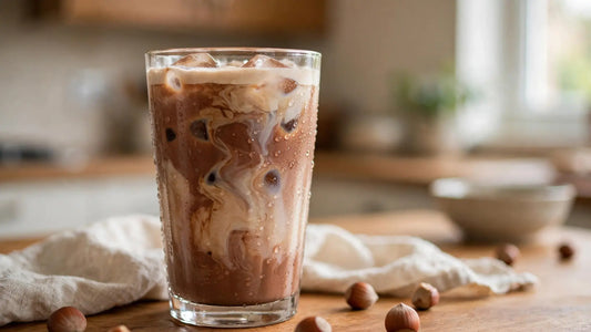 Homemade iced chocolate hazelnut latte in a clear glass with ice, creamy mocha layers, chocolate shavings, and hazelnuts nearby.
