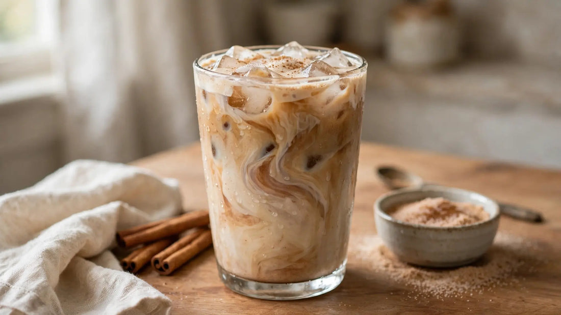 Homemade iced cinnamon roll latte in a clear glass over ice with creamy coffee layers, a cinnamon sugar rim, and a cinnamon stick on a warm kitchen counter.