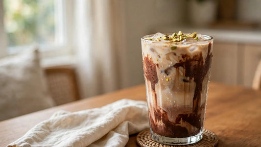 Homemade iced Dubai chocolate latte in a clear glass with ice, creamy chocolate coffee layers, chopped pistachios, and chocolate drizzle nearby.