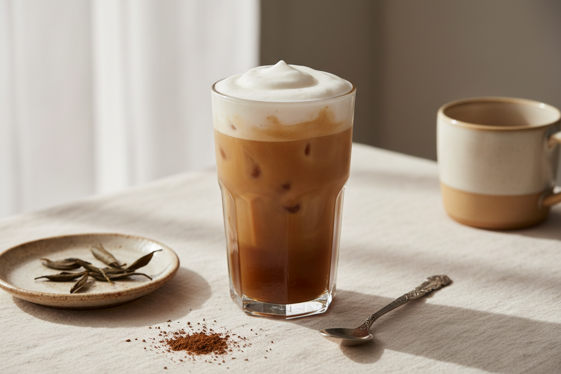 Iced hojicha cold foam latte in a clear glass with vanilla cold foam and hojicha powder on a soft ivory surface.