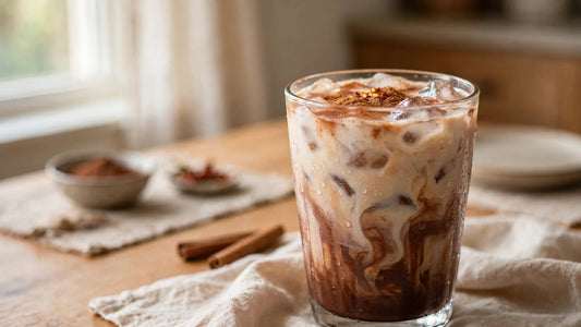 Homemade iced Mexican chocolate mocha in a clear glass over ice with creamy chocolate coffee layers, cocoa powder, cinnamon, and a subtle chili accent nearby.