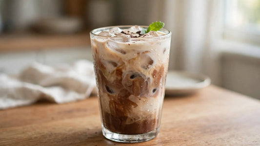 Homemade iced mint mocha in a clear glass over ice with creamy mocha layers, fresh mint leaves, and chocolate shavings on a kitchen counter.