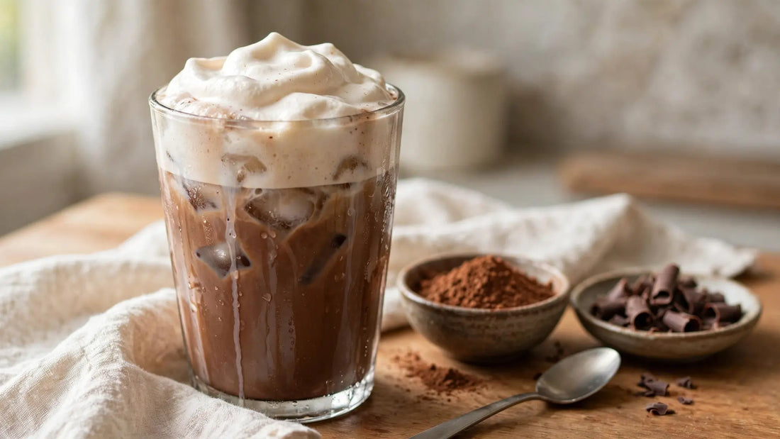 Homemade iced mocha with cold foam in a clear glass over ice with cocoa powder and chocolate shavings 