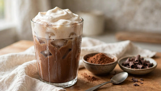 Homemade iced mocha with cold foam in a clear glass over ice with cocoa powder and chocolate shavings 
