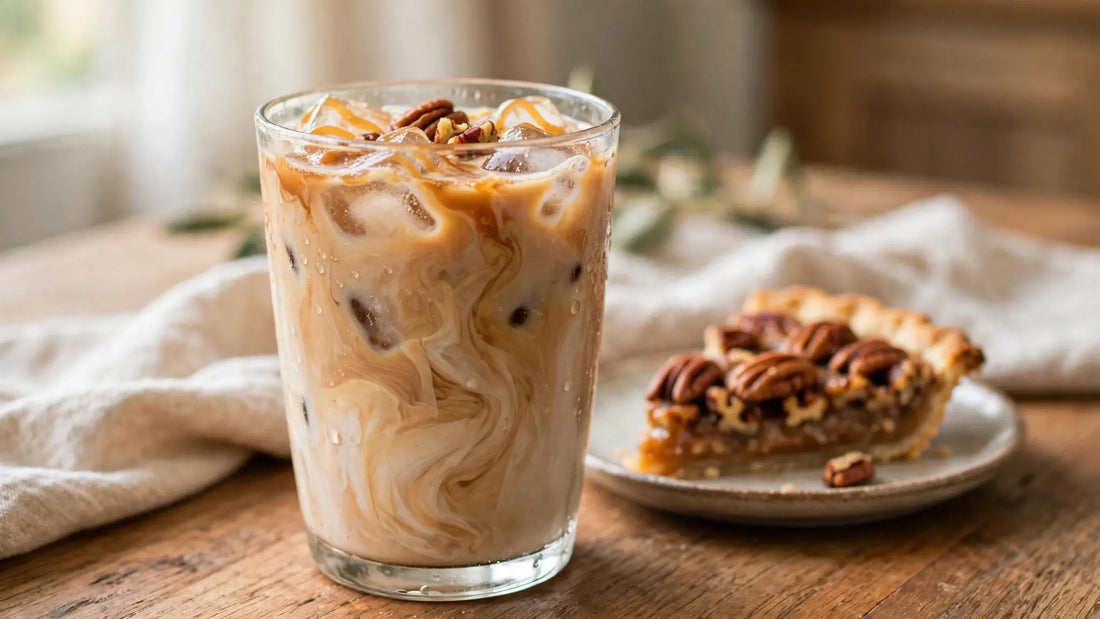 Homemade iced pecan pie latte in a clear glass with ice, creamy swirls, pecans, caramelized sugar, and a cozy kitchen background.