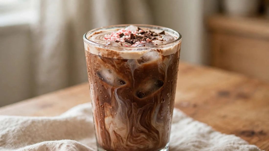 Homemade iced peppermint mocha in a clear glass with ice, creamy chocolate coffee layers, crushed peppermint, and chocolate drizzle nearby.