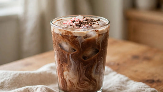 Homemade iced peppermint mocha in a clear glass with ice, creamy chocolate coffee layers, crushed peppermint, and chocolate drizzle nearby.