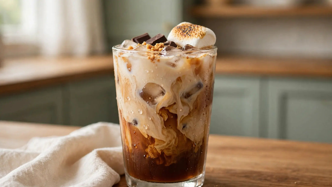 Homemade iced s'mores coffee in a clear glass with ice, creamy coffee layers, toasted marshmallow, chocolate, and graham cracker crumbs nearby.