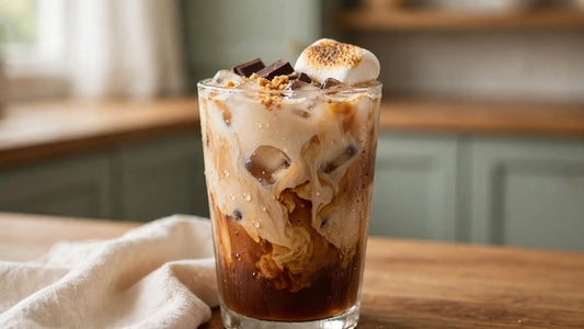 Homemade iced s'mores coffee in a clear glass with ice, creamy coffee layers, toasted marshmallow, chocolate, and graham cracker crumbs nearby.