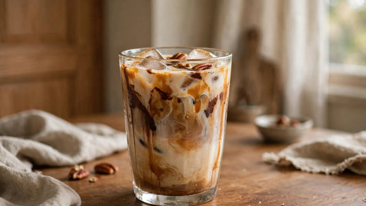 Homemade iced turtle latte in a clear glass with ice, creamy coffee layers, caramel drizzle, chocolate drizzle, and pecans nearby.