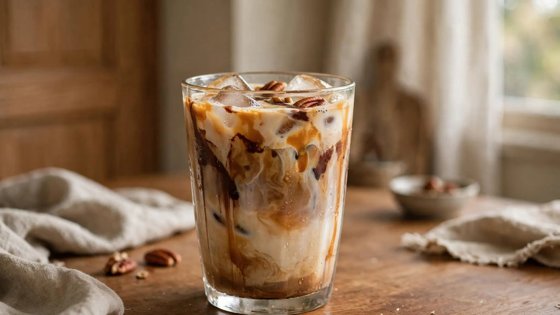 Homemade iced turtle latte in a clear glass with ice, creamy coffee layers, caramel drizzle, chocolate drizzle, and pecans nearby.
