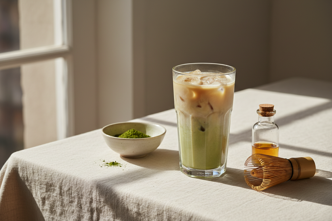 Iced vanilla matcha latte in a clear glass with matcha powder and bamboo whisk on a soft ivory surface.