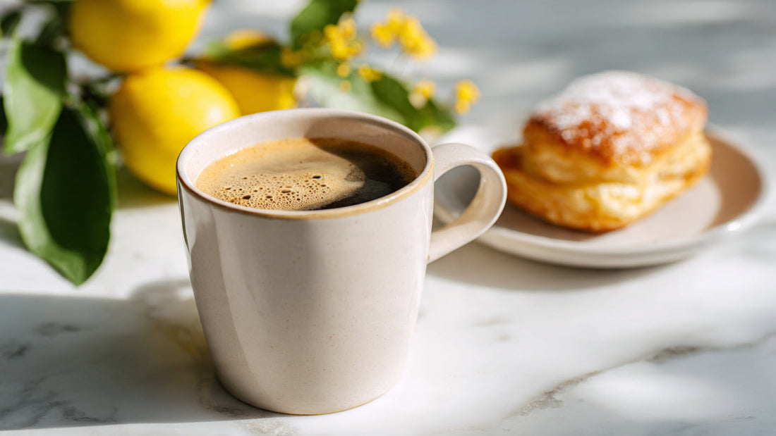 Blonde Roast coffee in white mug on bright marble surface.