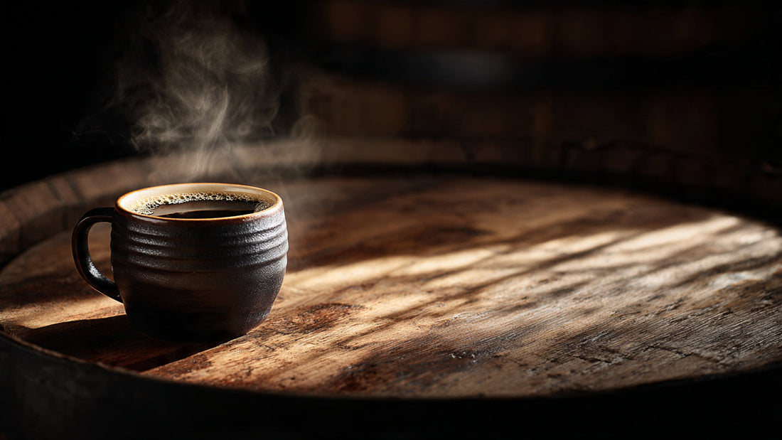 Whiskey barrel aged coffee in ceramic cup with warm amber lighting and dark oak barrel texture
