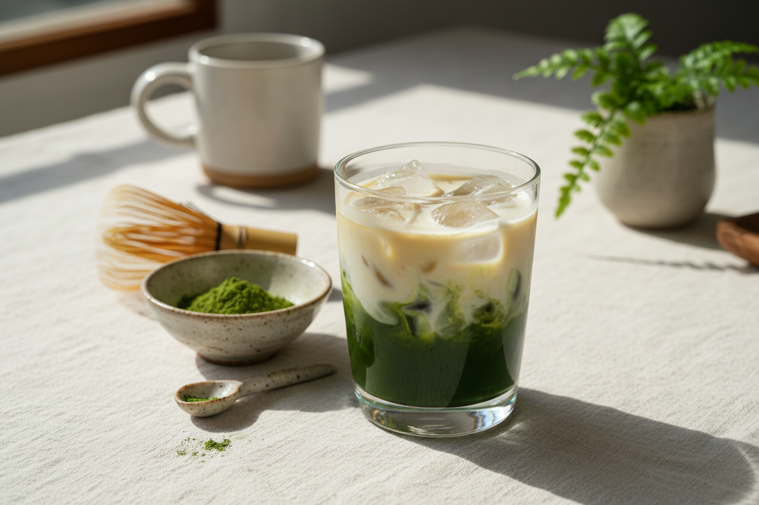 Iced matcha latte with matcha powder and bamboo whisk on a soft ivory surface.