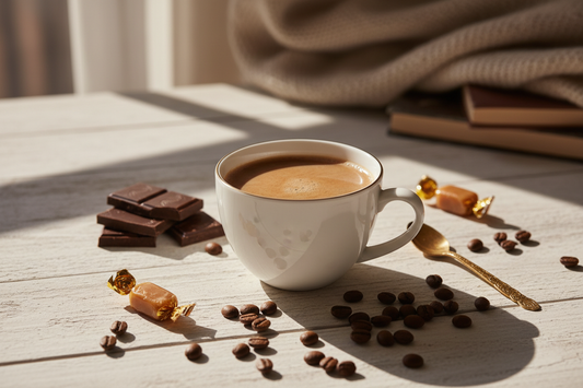 Medium roast coffee with chocolate and caramel showing balanced flavor profile