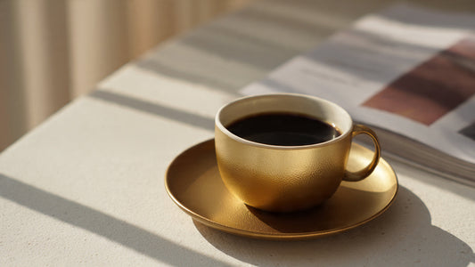 Colombian single origin coffee in ceramic cup with warm caramel light and clean modern styling