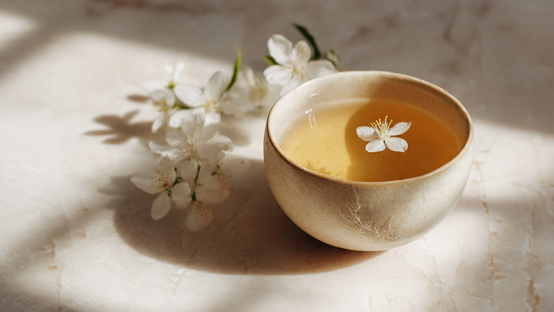Jasmine tea in porcelain cup with floral accent on pale marble surface in soft natural light