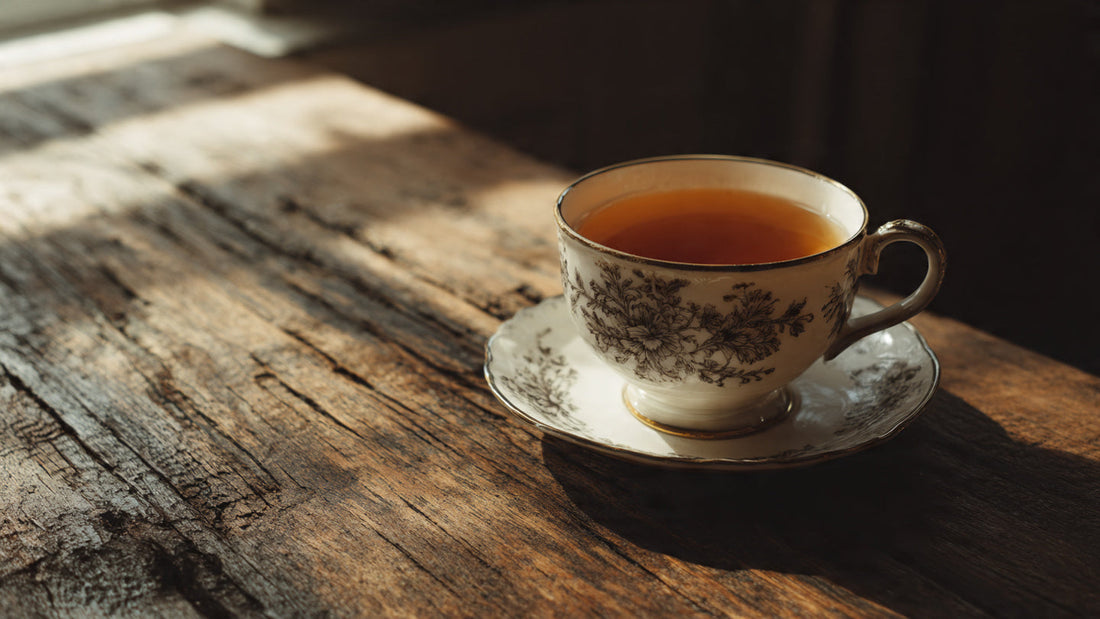 English Breakfast tea in porcelain cup on wooden table in soft morning natural light