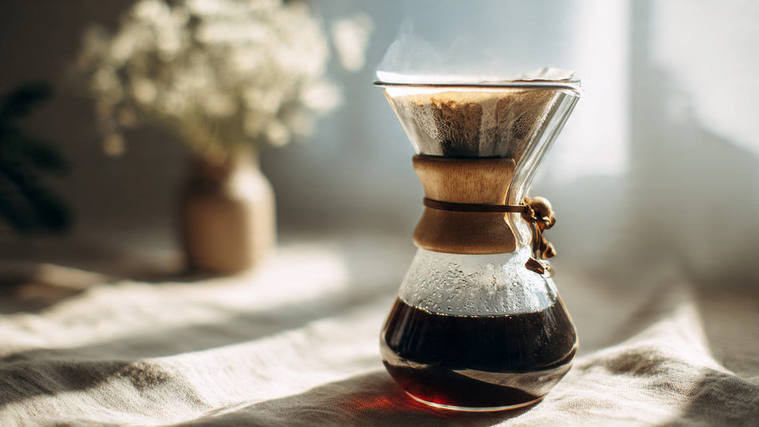 Pour-over brewing African Kahawa Blend coffee in natural light.