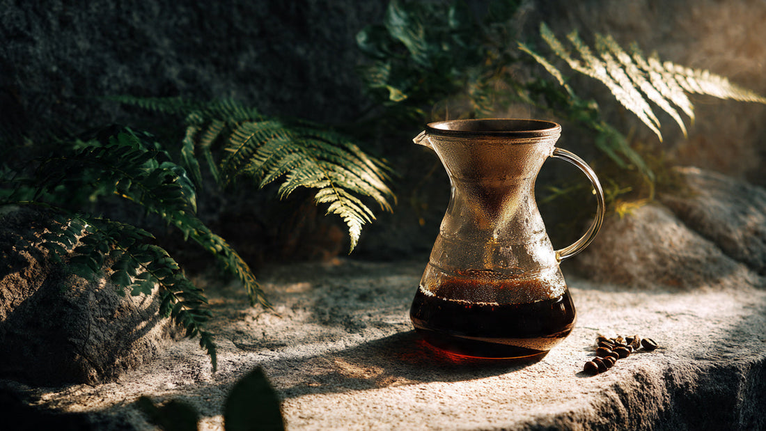 Pour-over brewing Kopi Safari coffee with warm light.