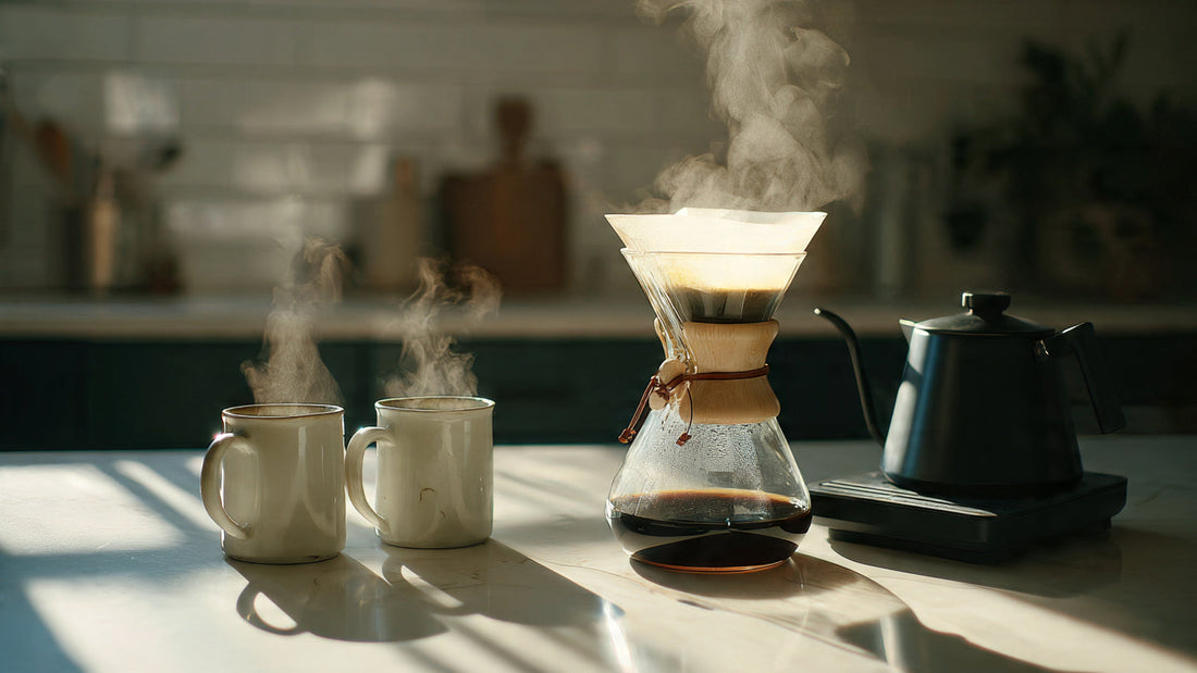 Coffee and tea brewing setup with pour over, French press, and teacup on a clean neutral background