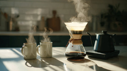 Coffee and tea brewing setup with pour over, French press, and teacup on a clean neutral background