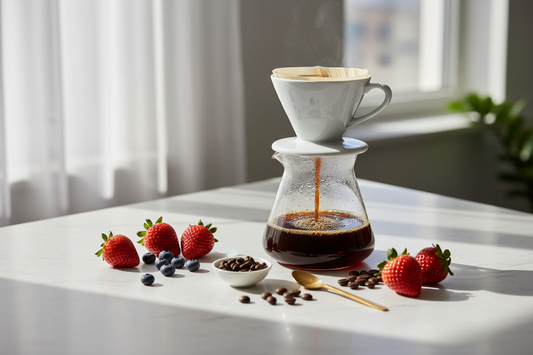 Bright fruity coffee being brewed with pour-over method surrounded by fresh berries and coffee beans