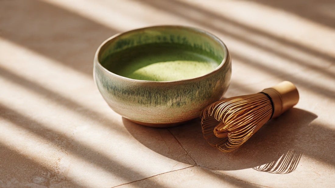 Matcha tea in ceramic bowl with whisk texture on pale stone surface in calm natural light