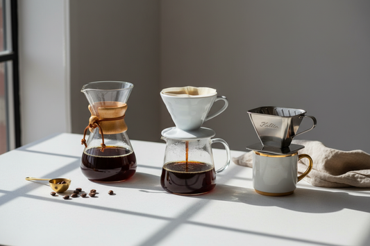 Different pour-over coffee brewing methods including Chemex V60 and Kalita Wave