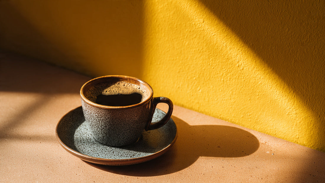 Tanzanian single origin coffee in ceramic cup with bright berry-toned light and clean editorial styling