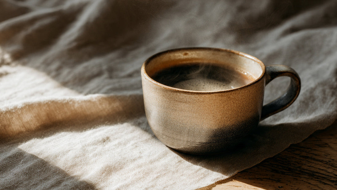 Honduran single origin coffee in ceramic cup with warm honey-toned lighting and calm editorial mood