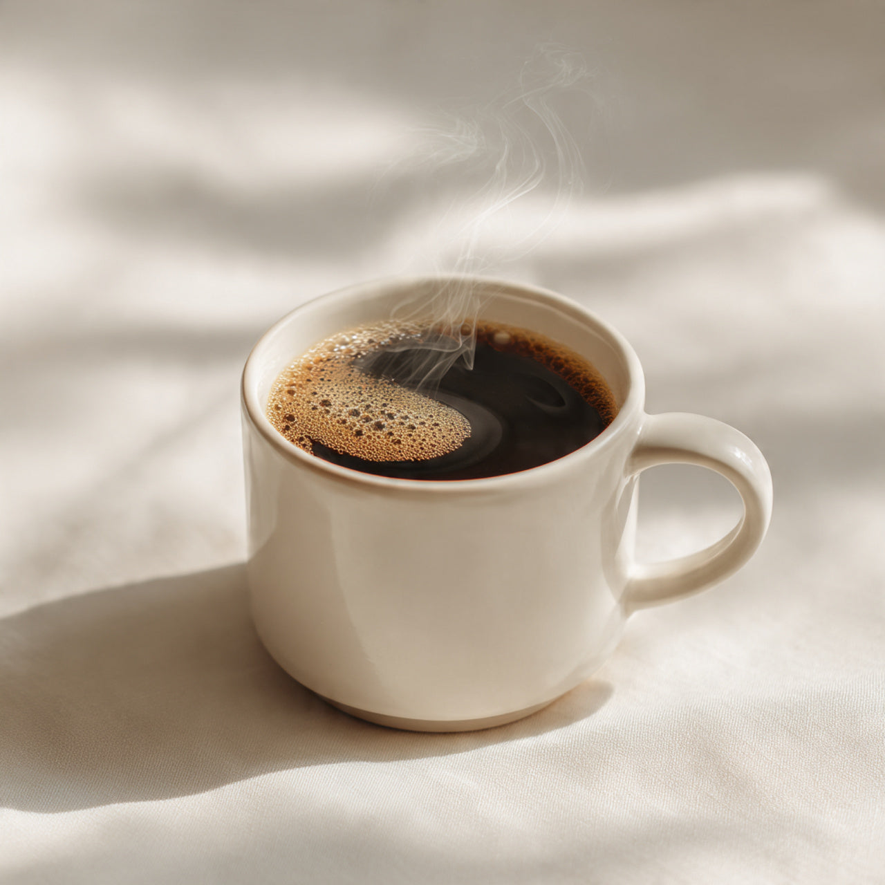 cup of coffee on table with coffee beans all around on table