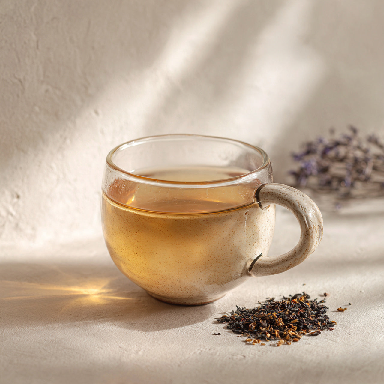 cup of tea sitting on table with loose leaf tea on table
