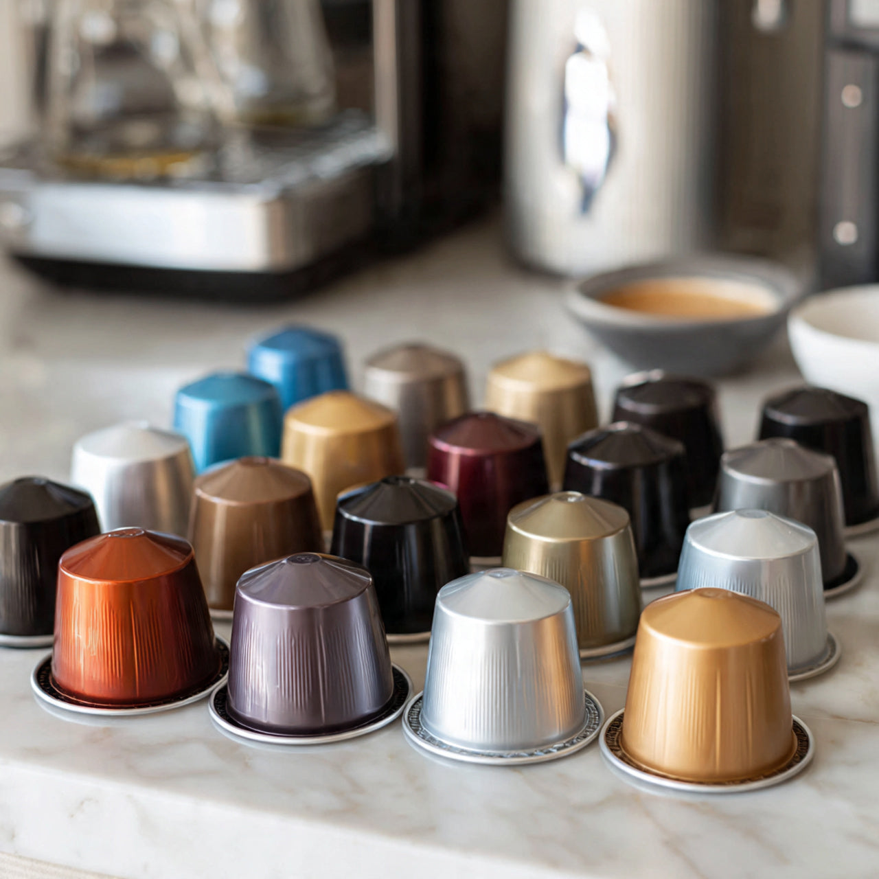 Assorted coffee capsules on a marble surface with a blurred coffee machine in the background.