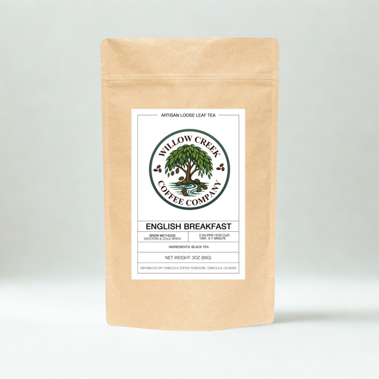 English Breakfast tea product display showing premium black tea loose leaf packaging