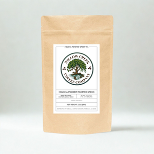 Hojicha roasted green tea product display showing premium Japanese loose leaf tea packaging