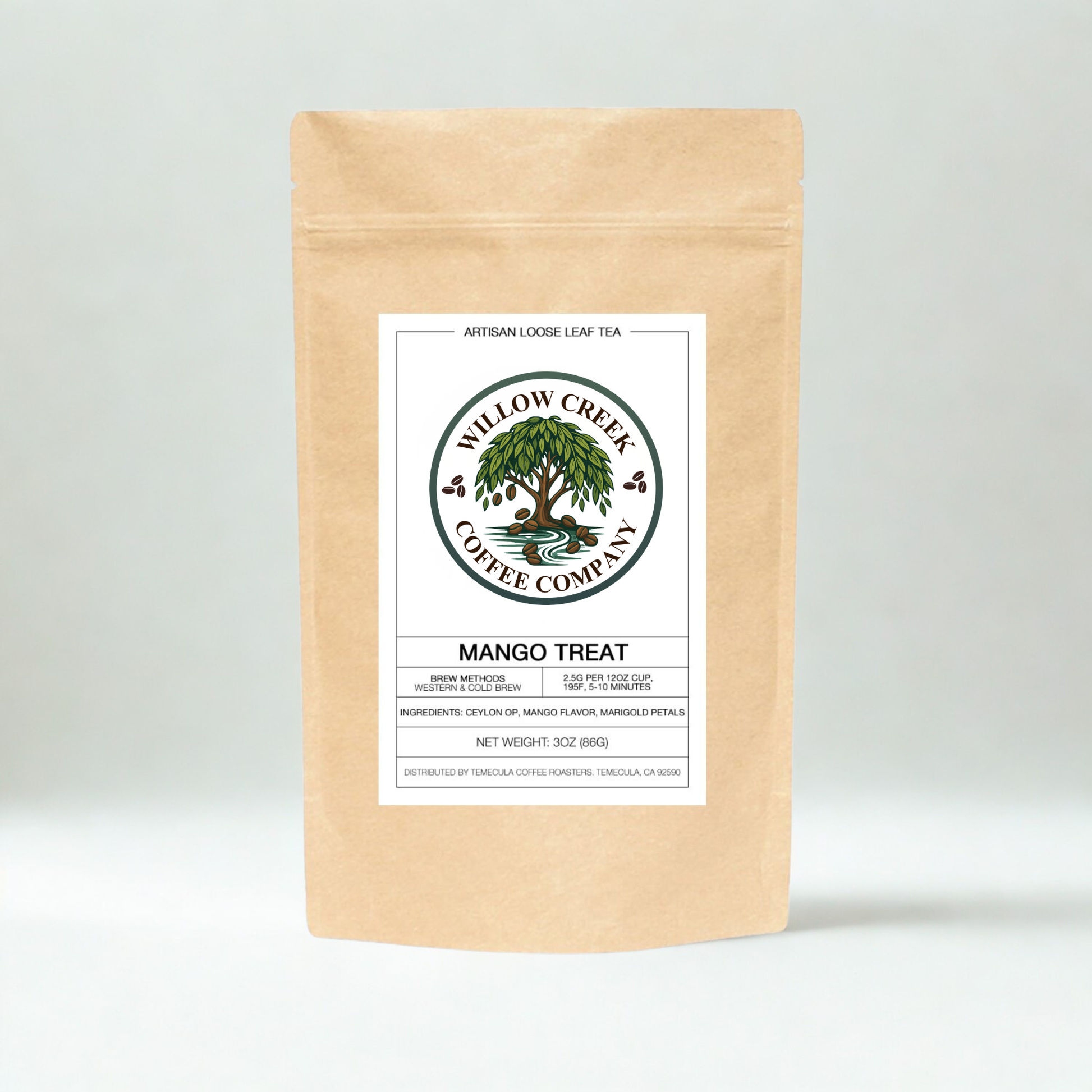 Mango Treat tea product display showing premium tropical fruit loose leaf tea packaging