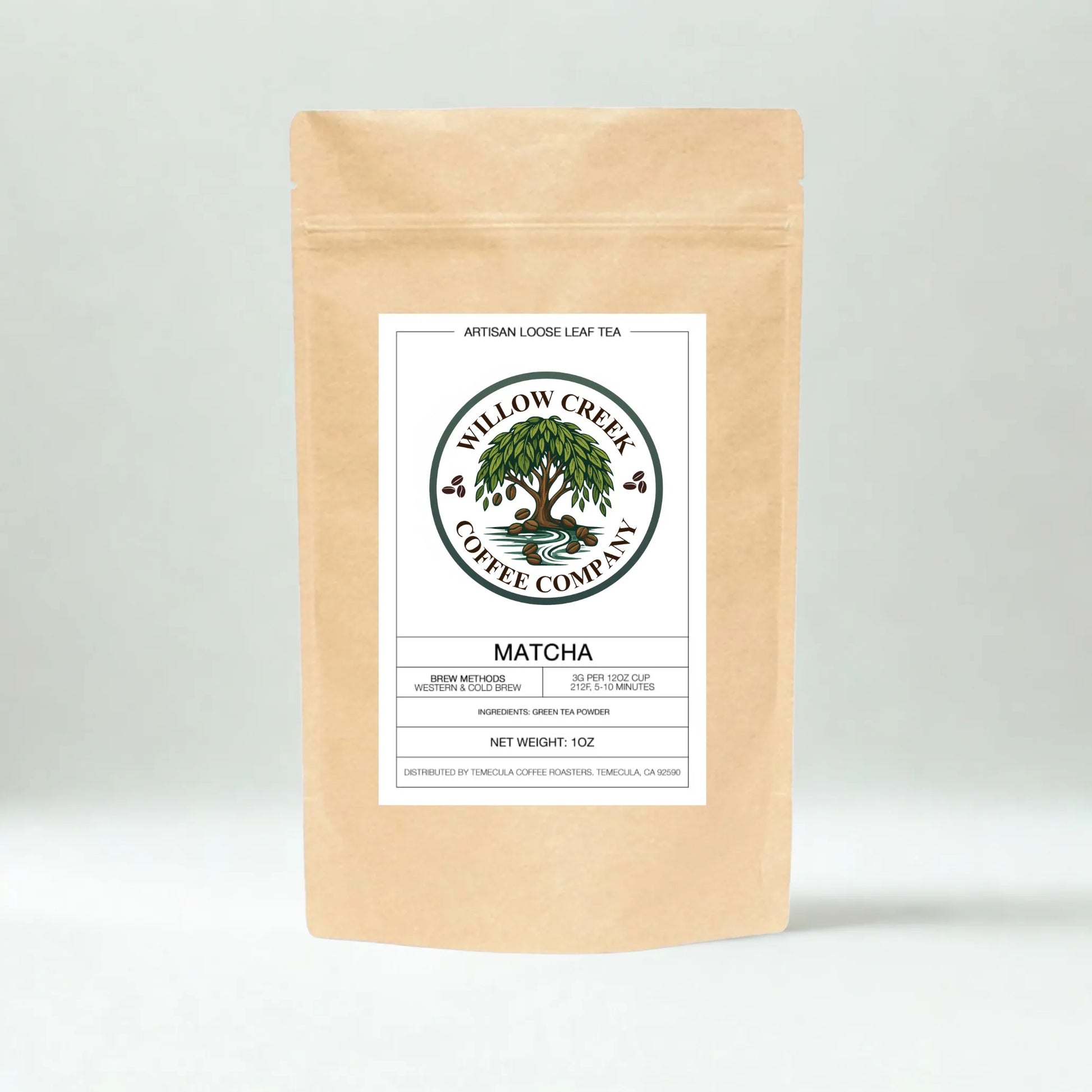 Kraft paper matcha tea package with Willow Creek Coffee Company label on a light gray background