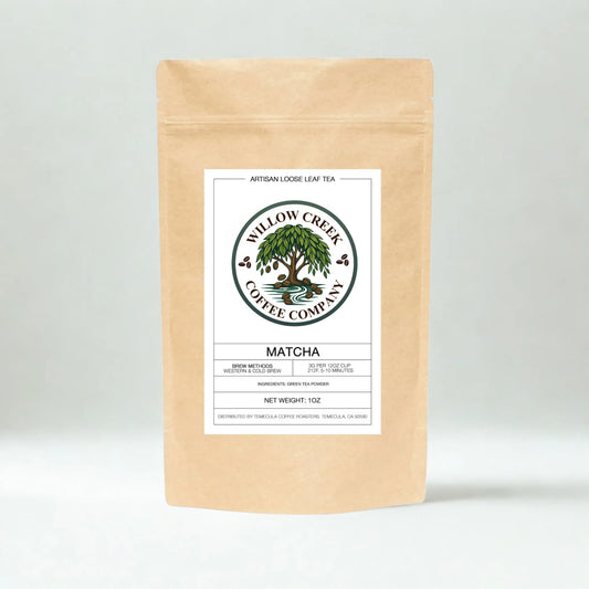 Kraft paper matcha tea package with Willow Creek Coffee Company label on a light gray background