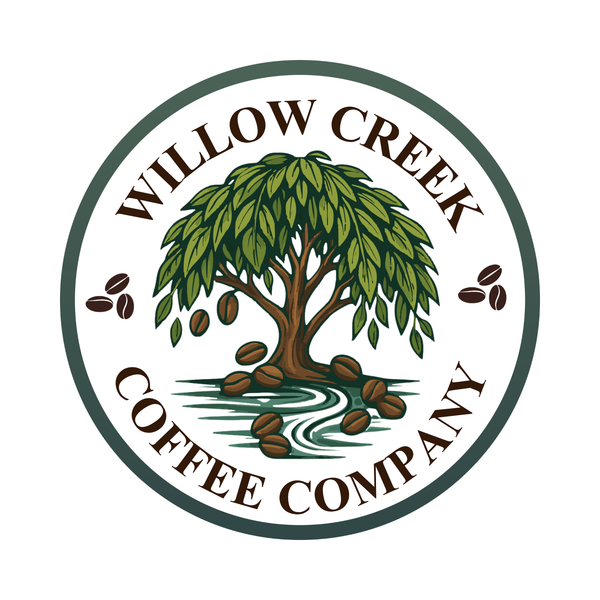 Logo of Willow Creek Coffee Company with a tree and coffee beans.