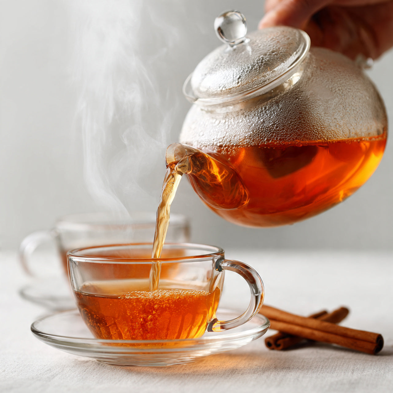 Tea being poured from a glass teapot into a clear glass cup with steam rising, on a light background.