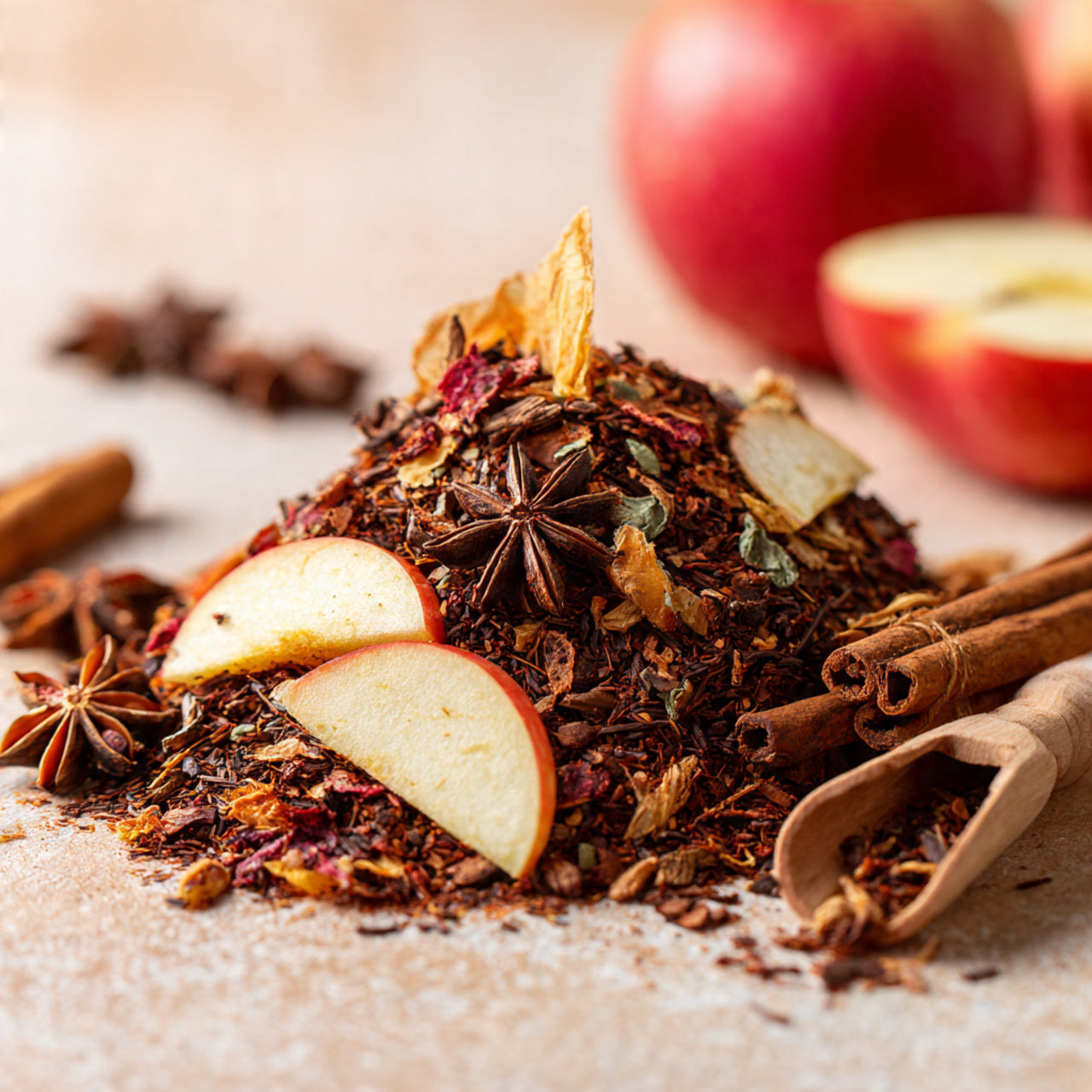 Spice mix with dried apples, star anise, and cinnamon sticks on a wooden surface.