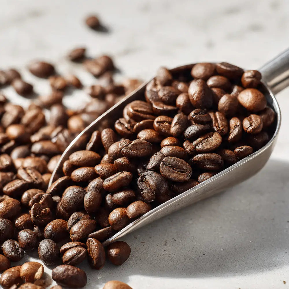 Scoop filled with bali blue coffee beans on a light surface