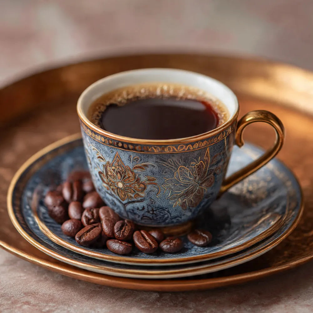 An ornate blue and gold ceramic coffee cup filled with bali blue black coffee, set on a matching saucer with scattered coffee beans, all resting on stacked gold-toned plates.