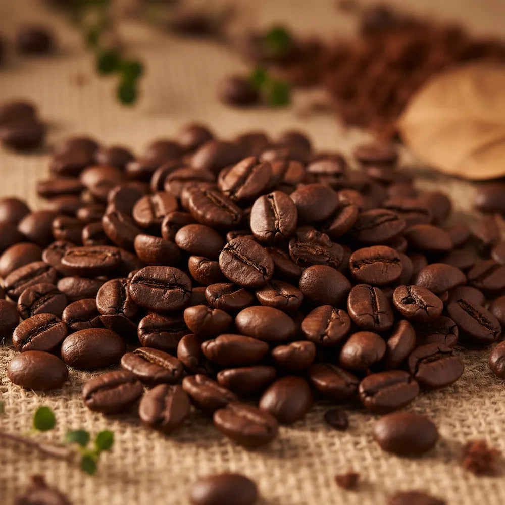A pile of roasted bali blue coffee beans on a textured burlap surface with a few small green herb leaves scattered around.