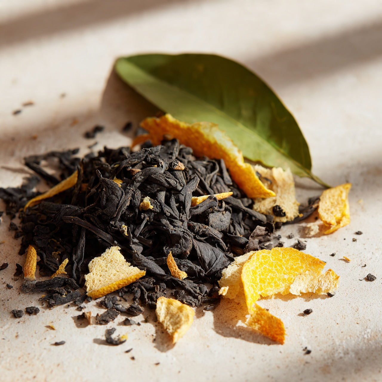 Earl Grey tea leaves with citrus peel.
