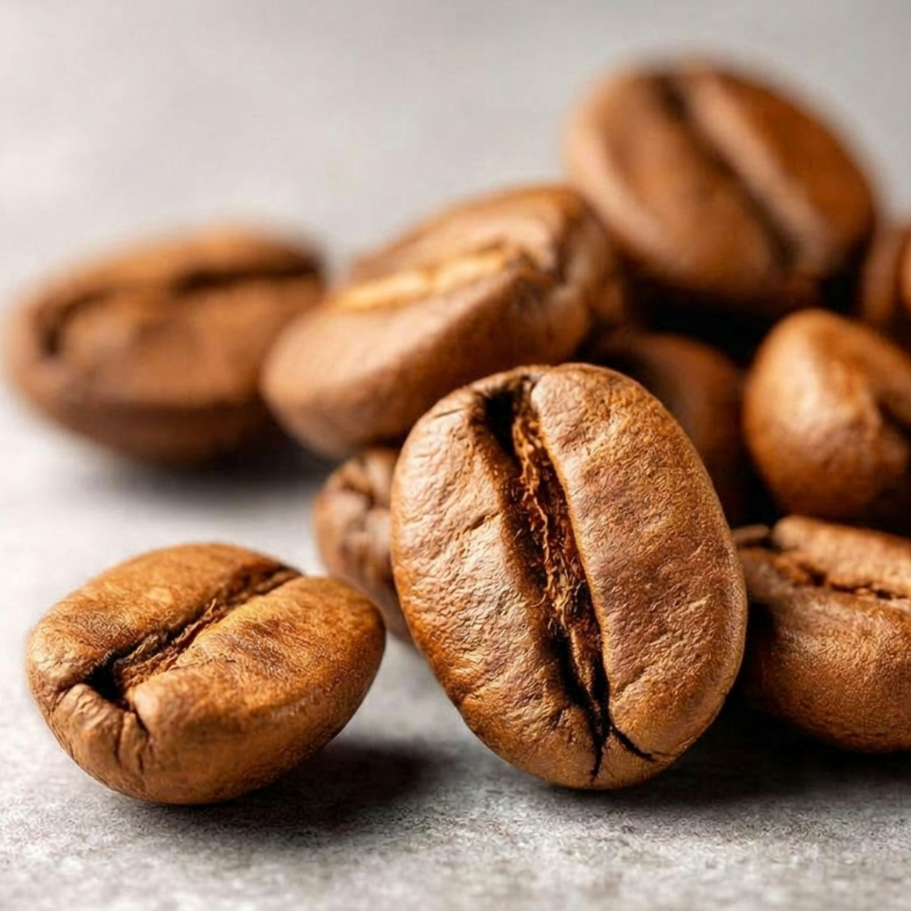 Close-up of roasted coffee beans on a light background